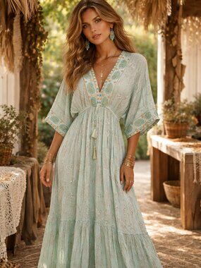 Women's Pastel Blue Aqua Maxi/Midi Kaftan Sleeve Dress Sz S/M